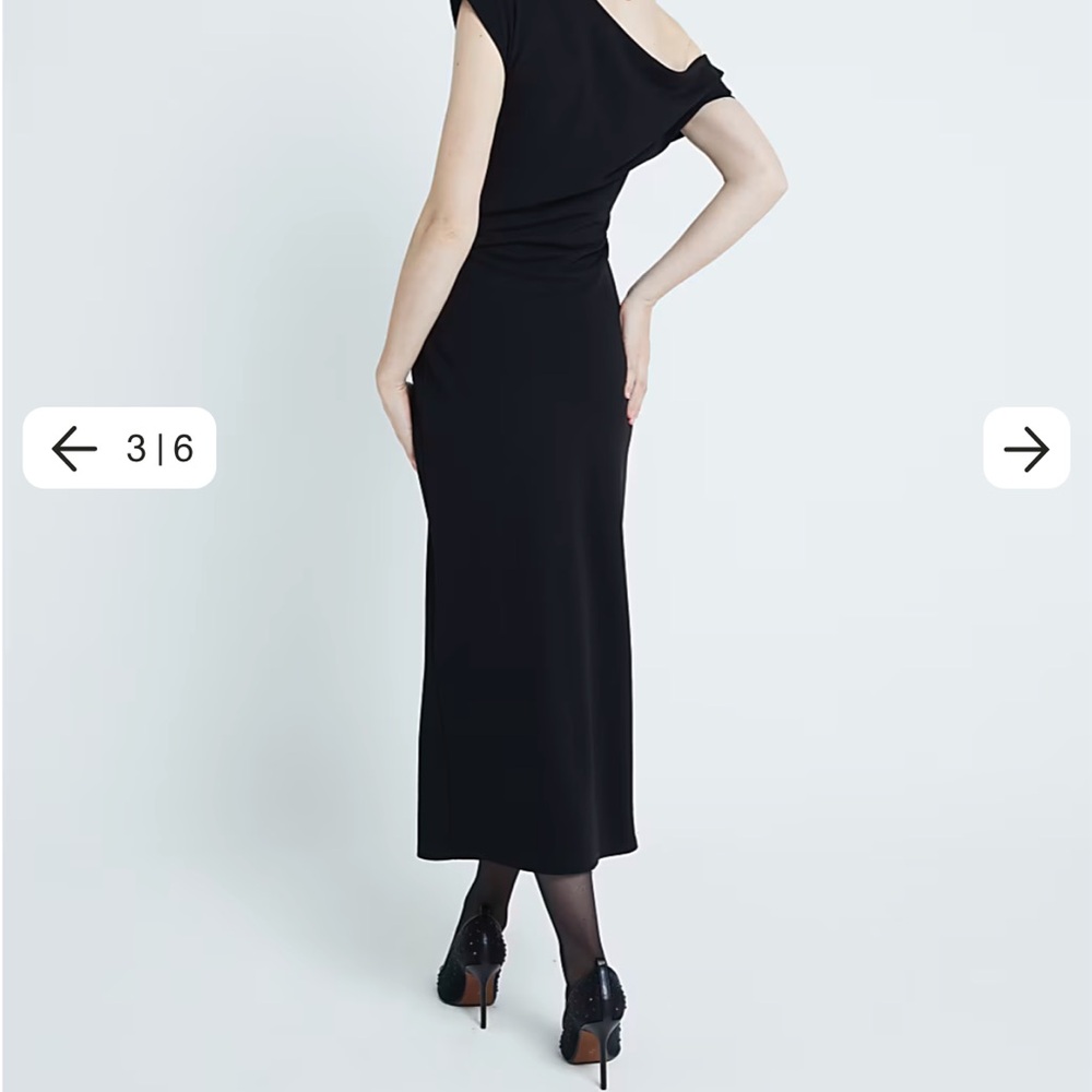 Black Asymmetrical Draped Wrap Midi Dress - Picture 3 of 4